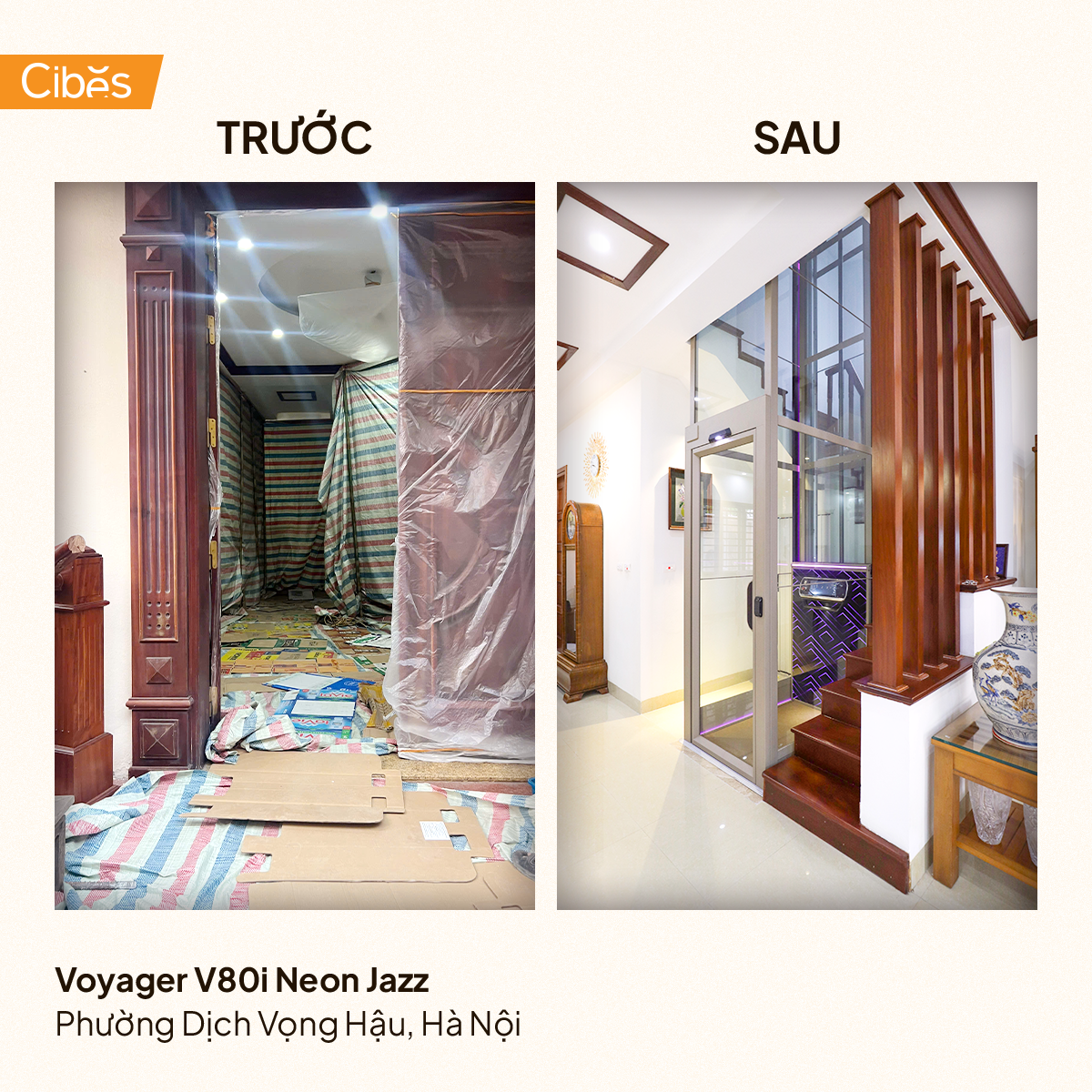 trước và sau khi lắp đặt thang máy gia đình